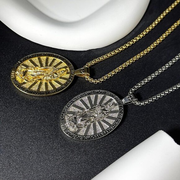 Virgin Mary Patron Saint Necklace Silver Oval Medallion with Bible Verses - Picture 4 of 9